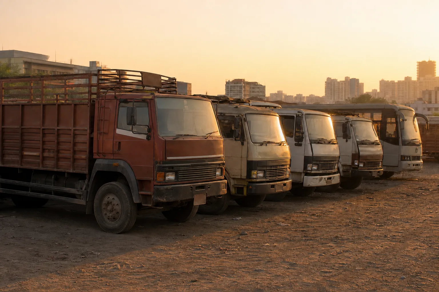 Indian goods trucks and a bus parked in a transport yard at golden hour