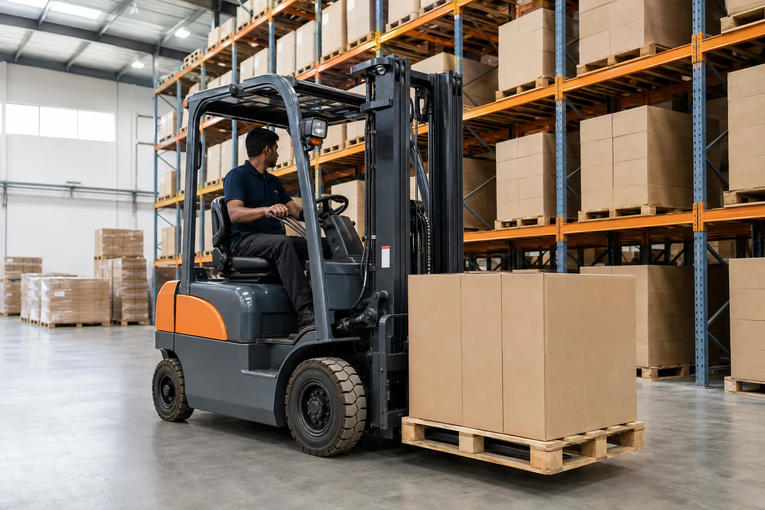 An electric forklift truck working in a warehouse aisle