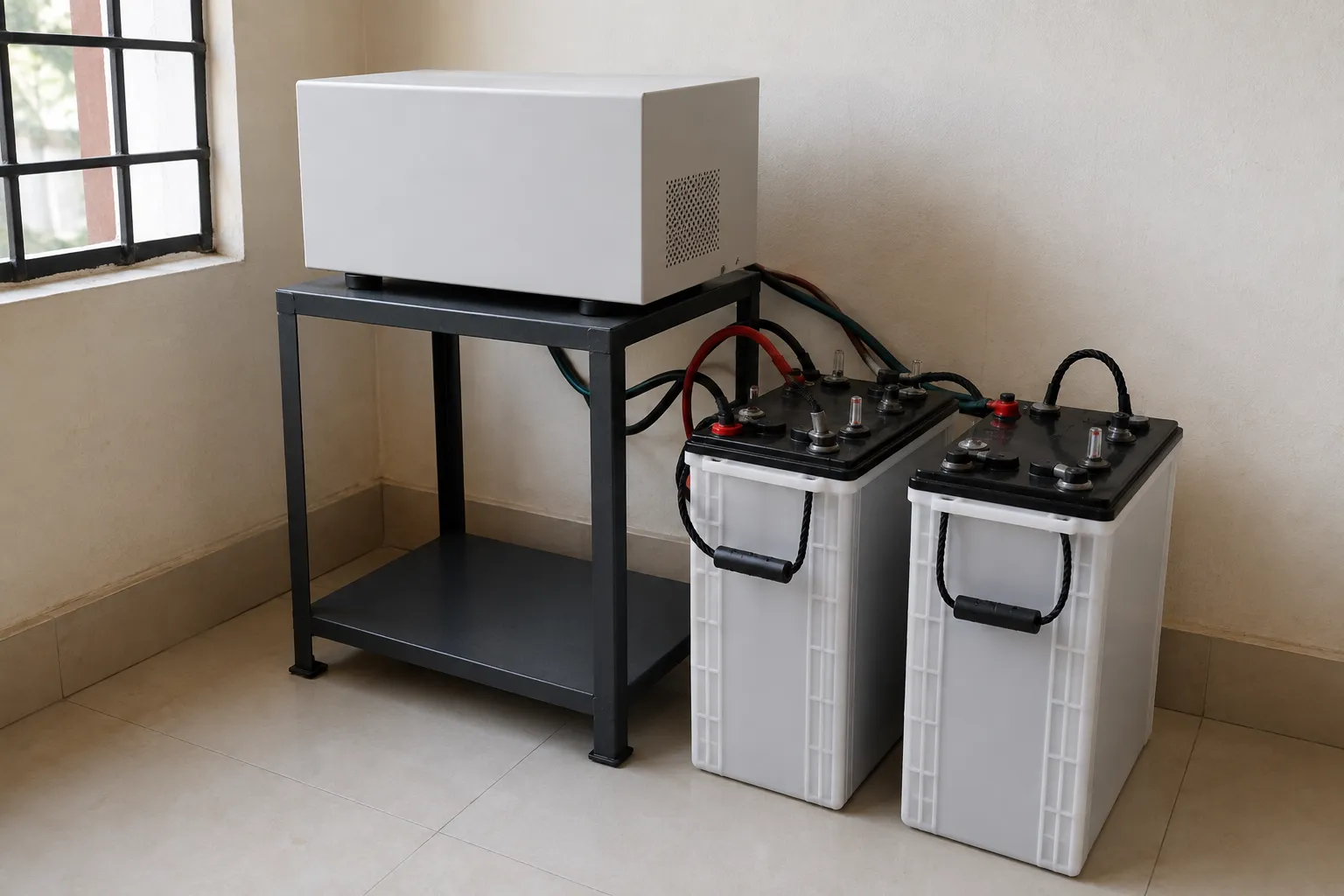 A home inverter beside two tall tubular lead-acid batteries in soft daylight