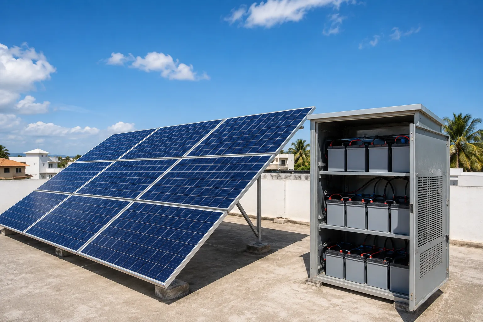Rooftop solar panels beside a ventilated cabinet of deep-cycle batteries