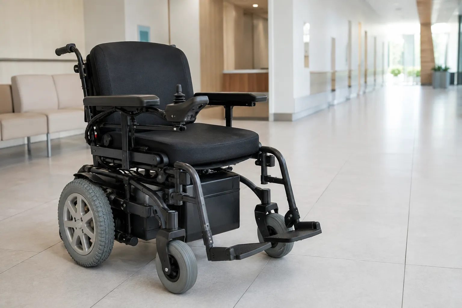 A powered electric wheelchair in a bright clinic corridor
