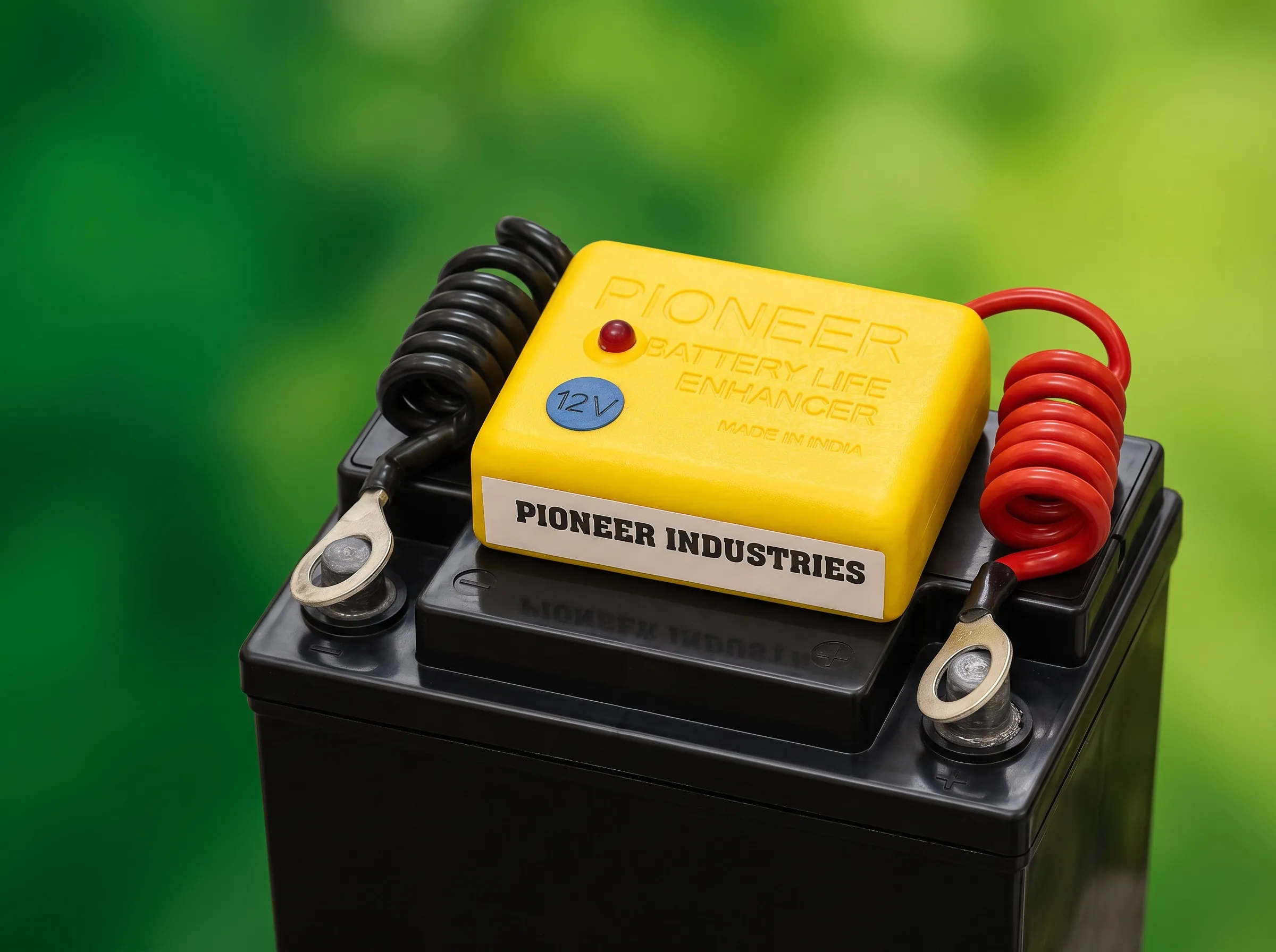The yellow Pioneer Battery Life Enhancer fitted on a black 12 V battery, its red and black leads on the terminals, against a soft green background