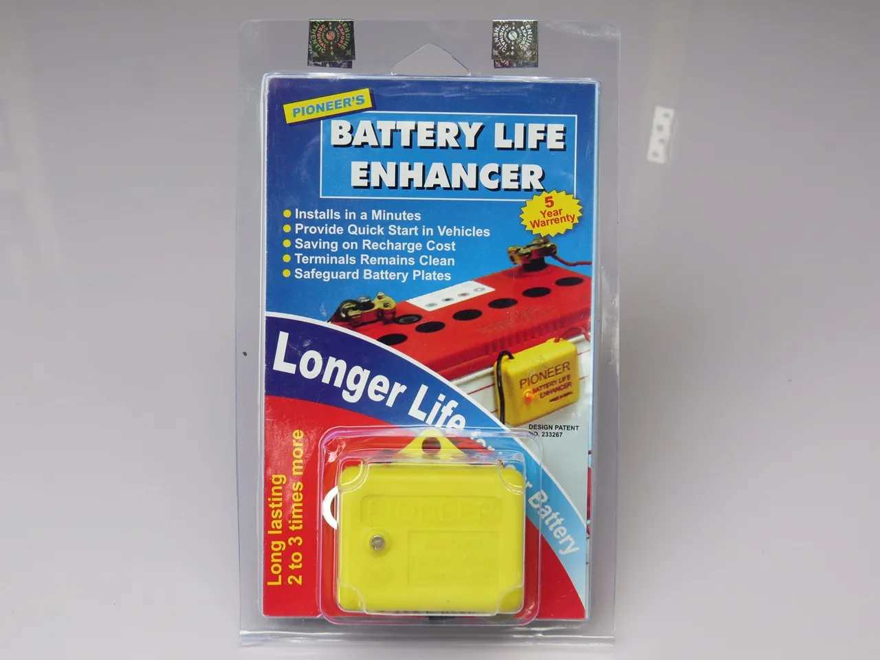 PBLE-12V in its retail blister pack: the yellow Pioneer desulfator on a Battery Life Enhancer card