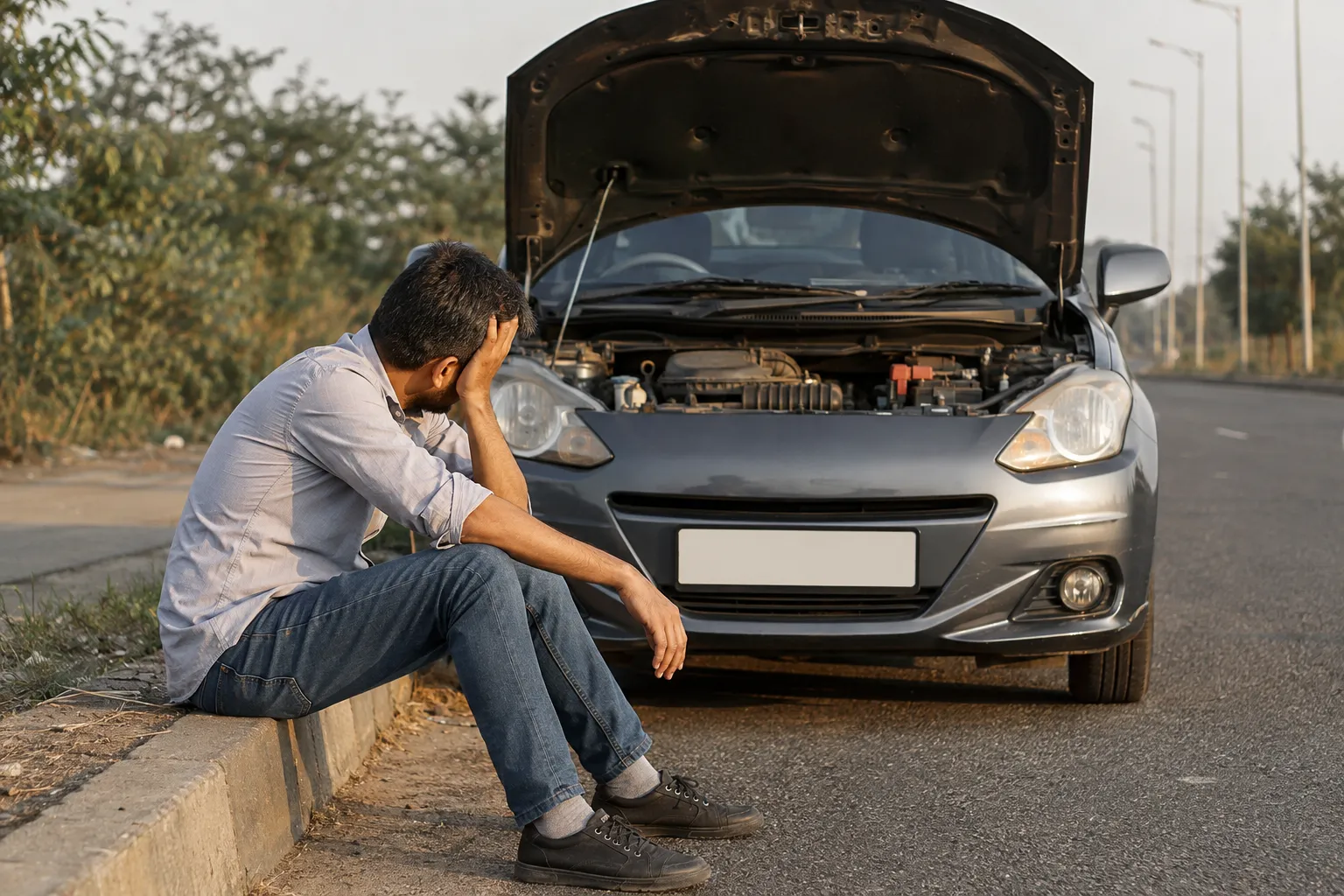 A man sits on the kerb with his head in his hand beside a car with its bonnet up